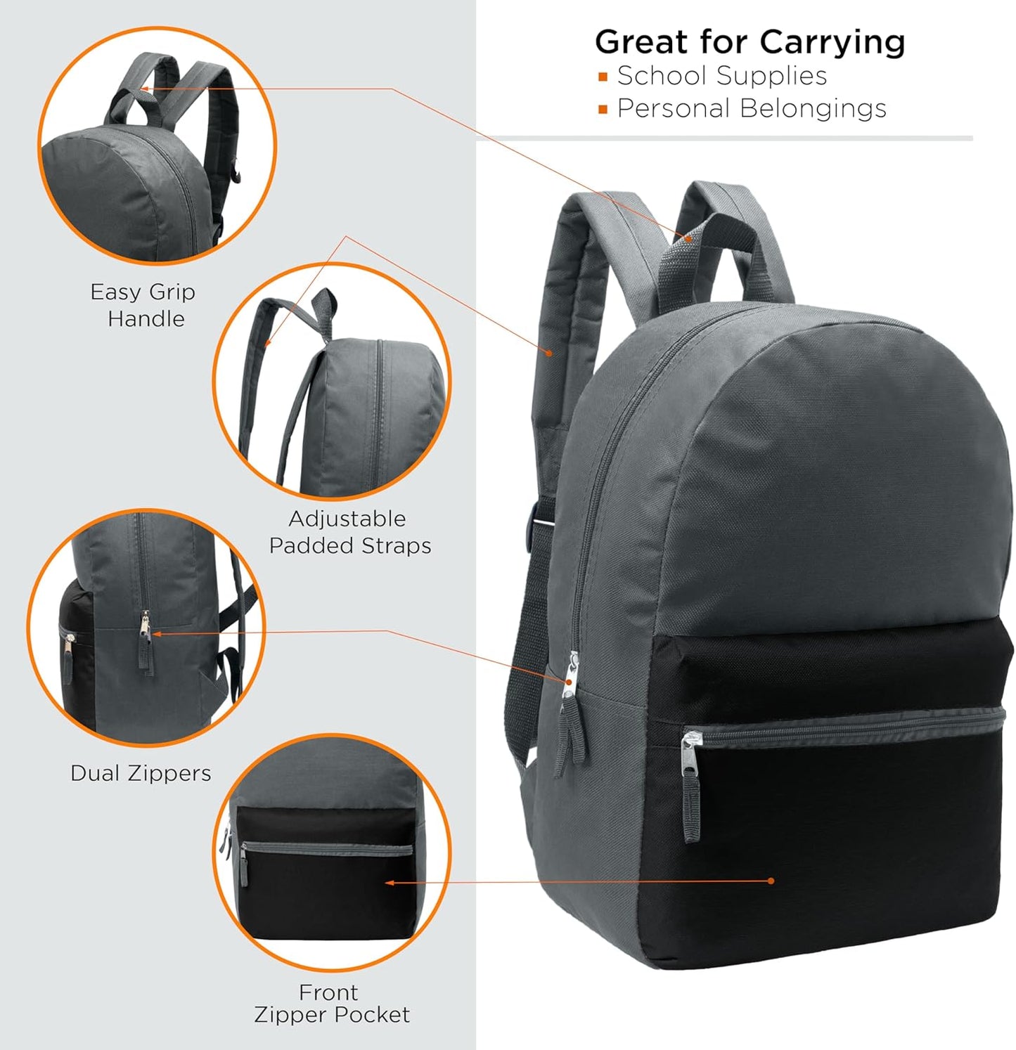 17" School Backpacks for Kids - Backpacks in Bulk for Elementary, Middle, and High School Students in Assorted Colors