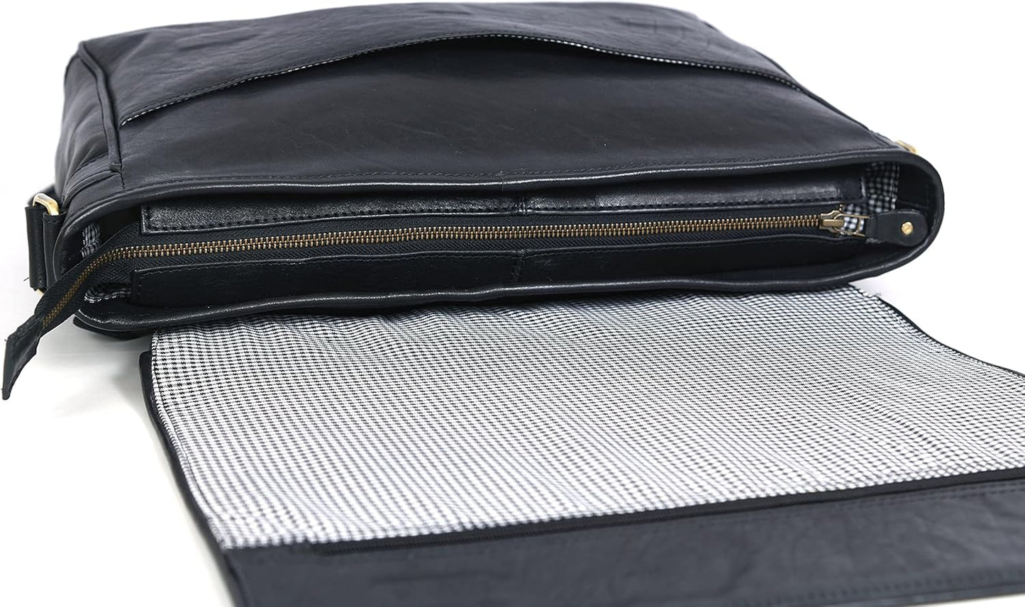 16" Crossbody Bag Leather Laptop Messenger Bag For Men with trolley sleeve for school office (Hickory)