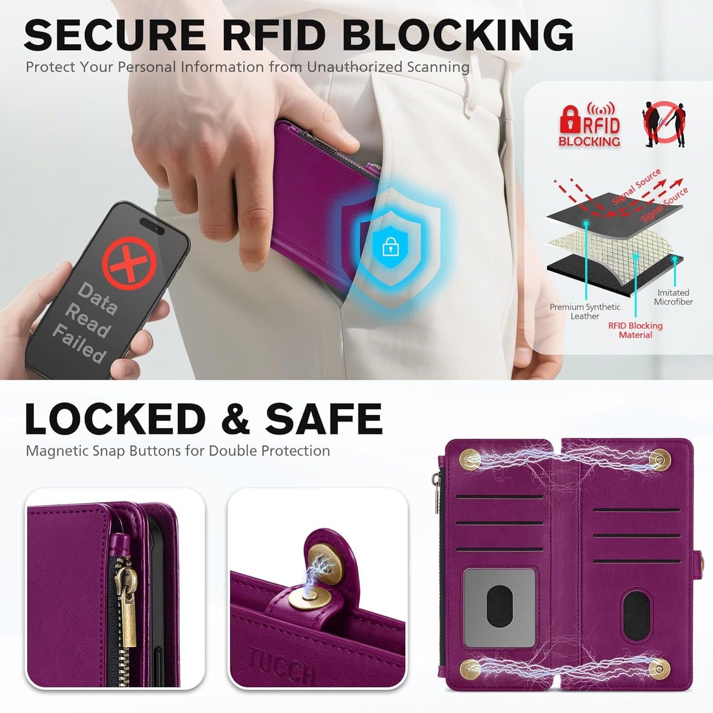 TUCCH Crossbody Detachable Wallet Case for iPhone 17 Pro 6.3" 2025, 9 Card Holders RFID Blocking, Wireless Charging, Stand, Wrist Strap Lanyard, Zipper Pocket, PU Leather Shockproof Cover, Plum Purple
