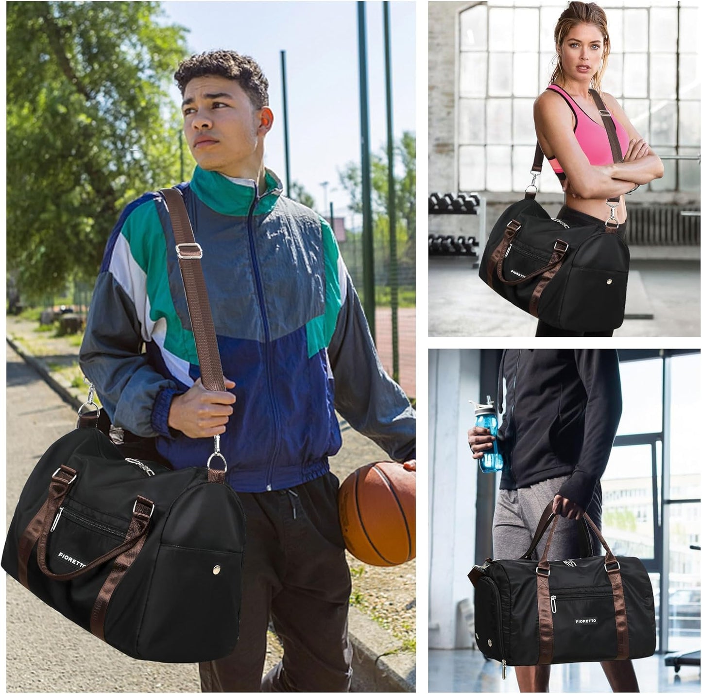 FIORETTO Womens Gym Tote Duffle Bag with Wet Pocket & Shoe Compartment, Sports Duffel Overnight Weekender Hospital Workout Carry on Bag for Girls, Ideal for Travel, Swimming, Dance, Ballet Black