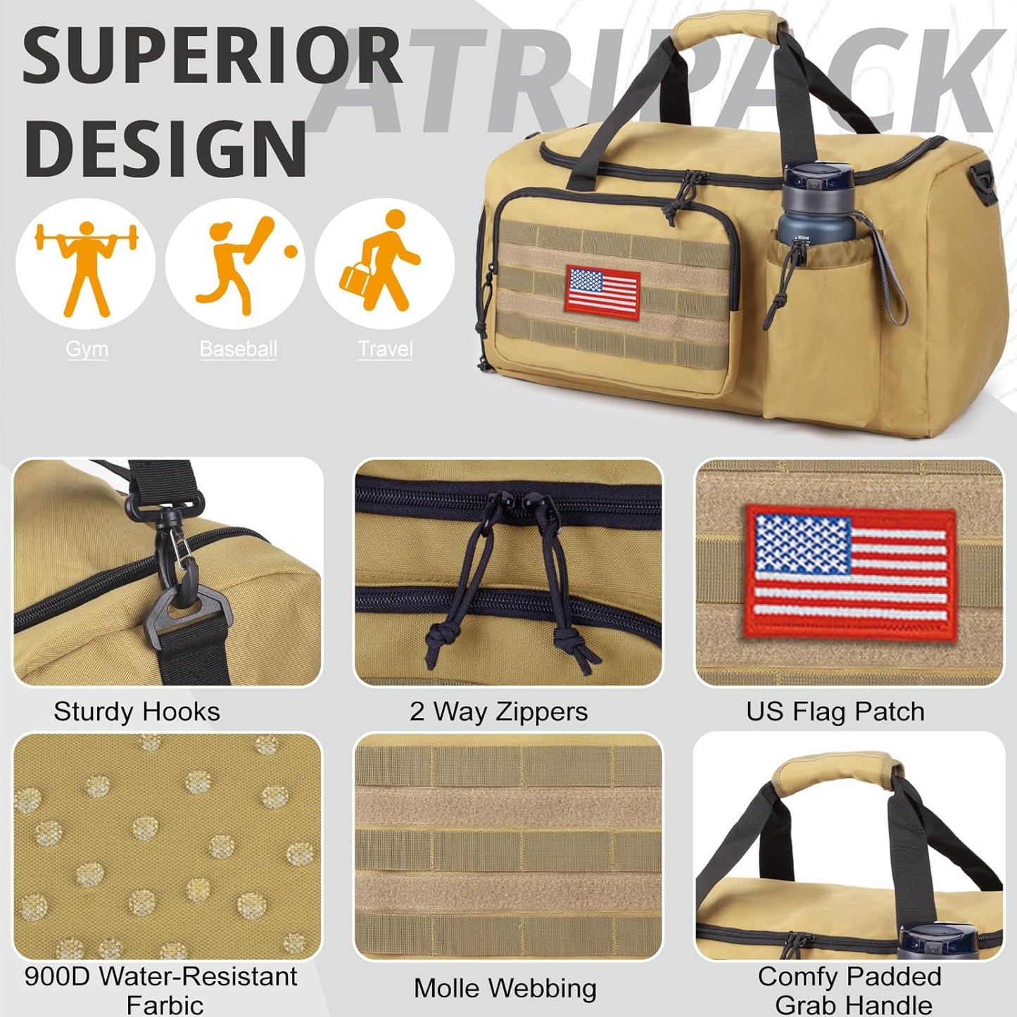 Tactical Gym Bag for Men, 40L Large Capacity Duffle Bags with Shoes Compartment, Sports Bag with wet compartment, Multi-functional Weekend Bags Suitable for Travel, Camping,hiking