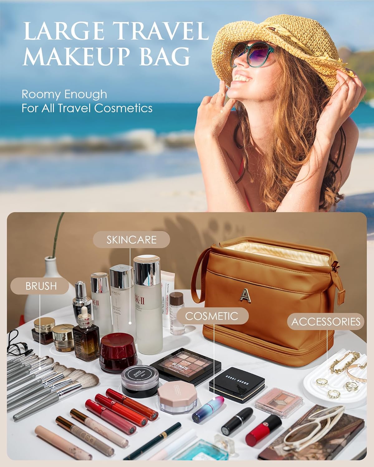 Travel Gifts for Women, Personalized Makeup Bag, Monogrammed Gifts, Initial Double Layer Cosmetic Bag with Makeup Brush Organizer, Travel Toiletry Bag, Gifts for Female Mom, Teen Girl Gifts