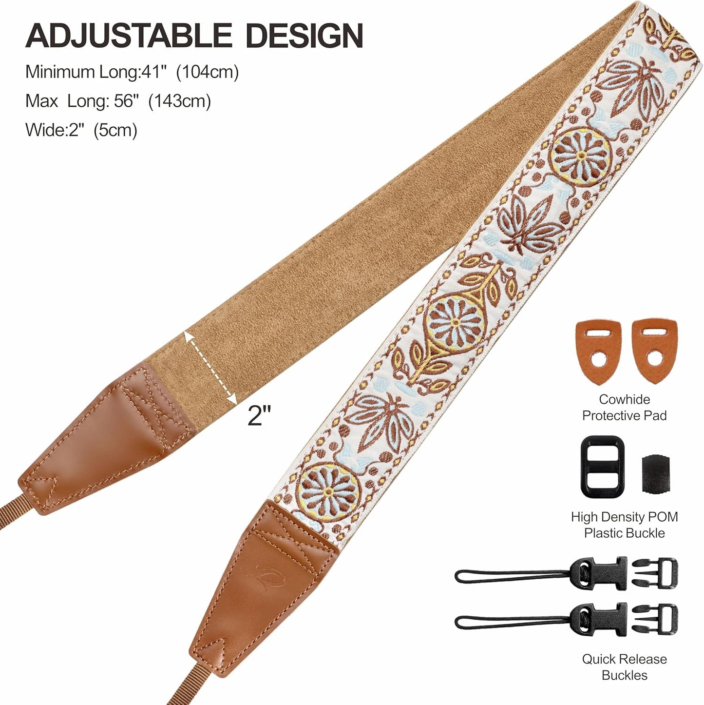 Padwa Lifestyle Camera Strap - 2" Full Grain Leather Ends Camera Straps for Photographers, Vintage Embroidered Cotton Weave Soft Suede Fabric Padded Strap Quick Release fits All Cameras