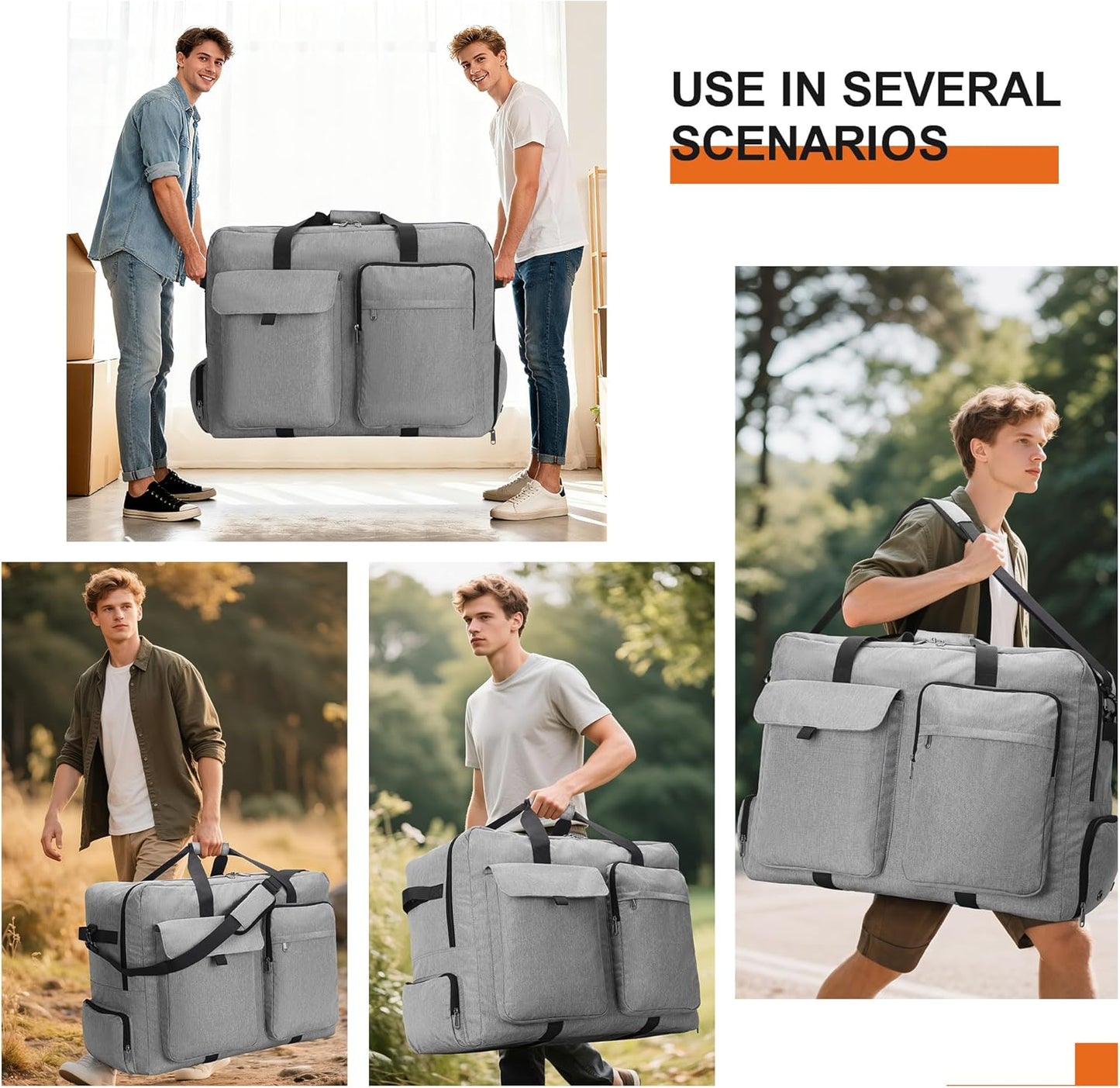 Large Travel Duffle Bag for Men Women, 80L 100L 120L Foldable Waterproof Duffle Bag, Packable Bag with Shoes Compartment for Overnight Gym Weekender Bag (Gray, 80L)