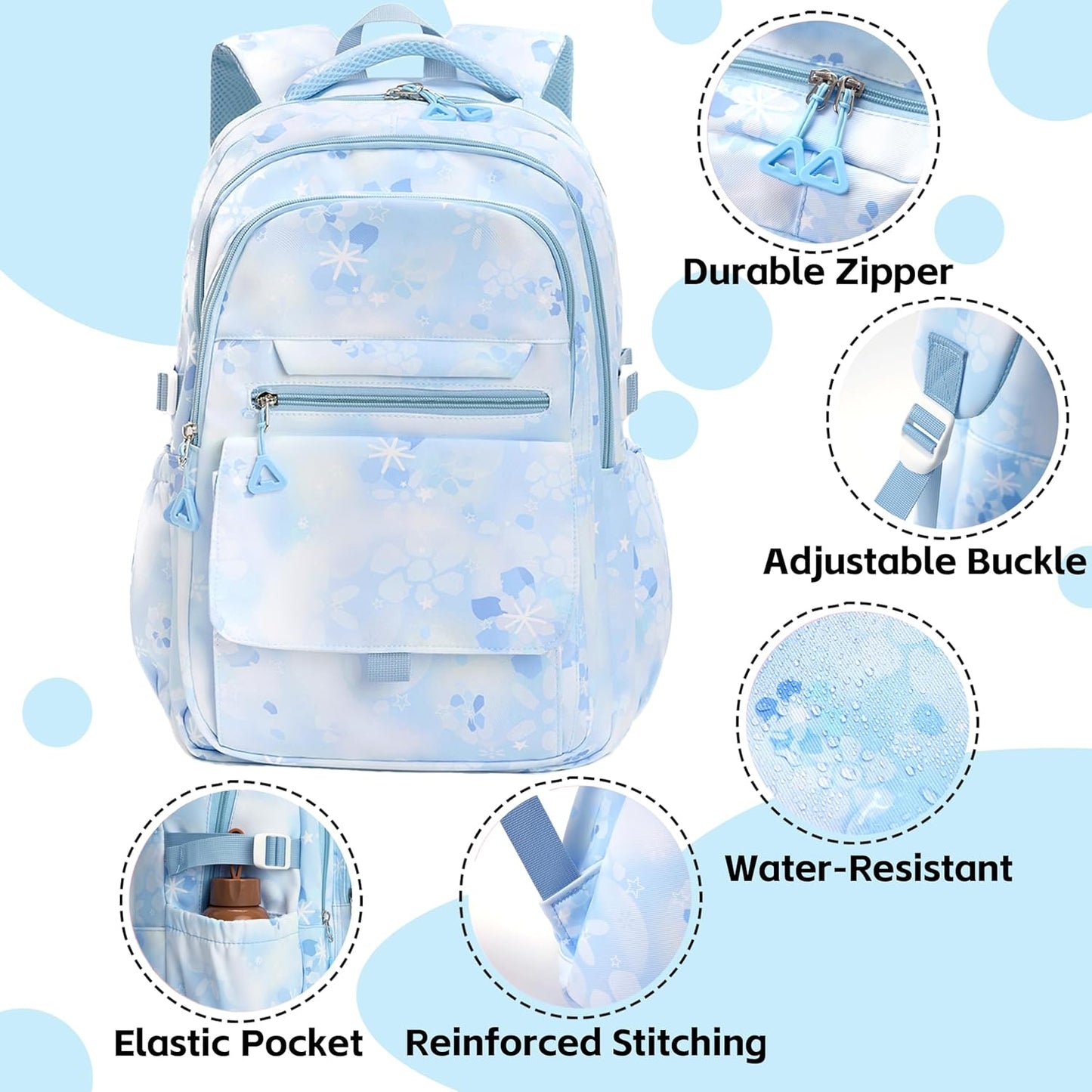 Kids Backpack for Girls Flower schoolbag with Lunch Bag & Pen Case Waterproof Girl Bookbag for Elementary school (blue)