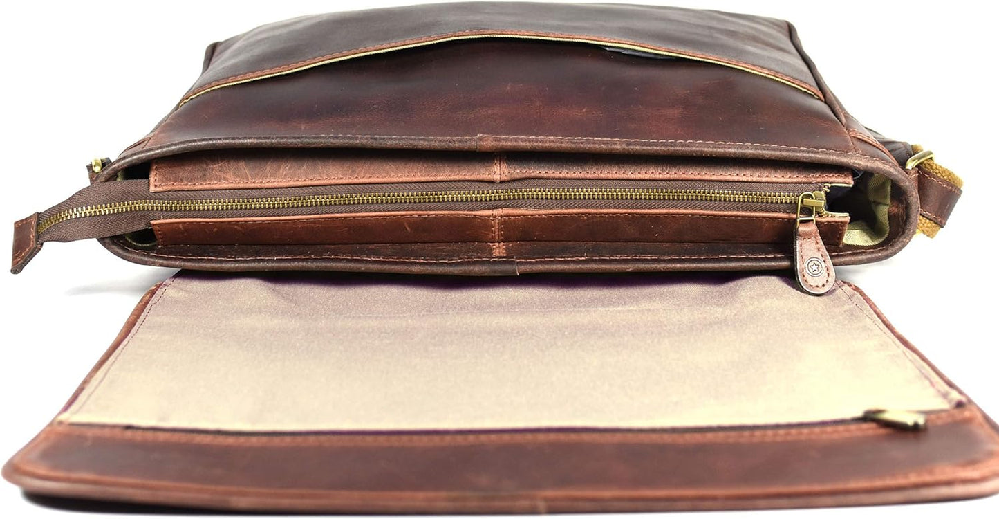 16" Crossbody Bag Leather Laptop Messenger Bag For Men with trolley sleeve for school office (Walnut)