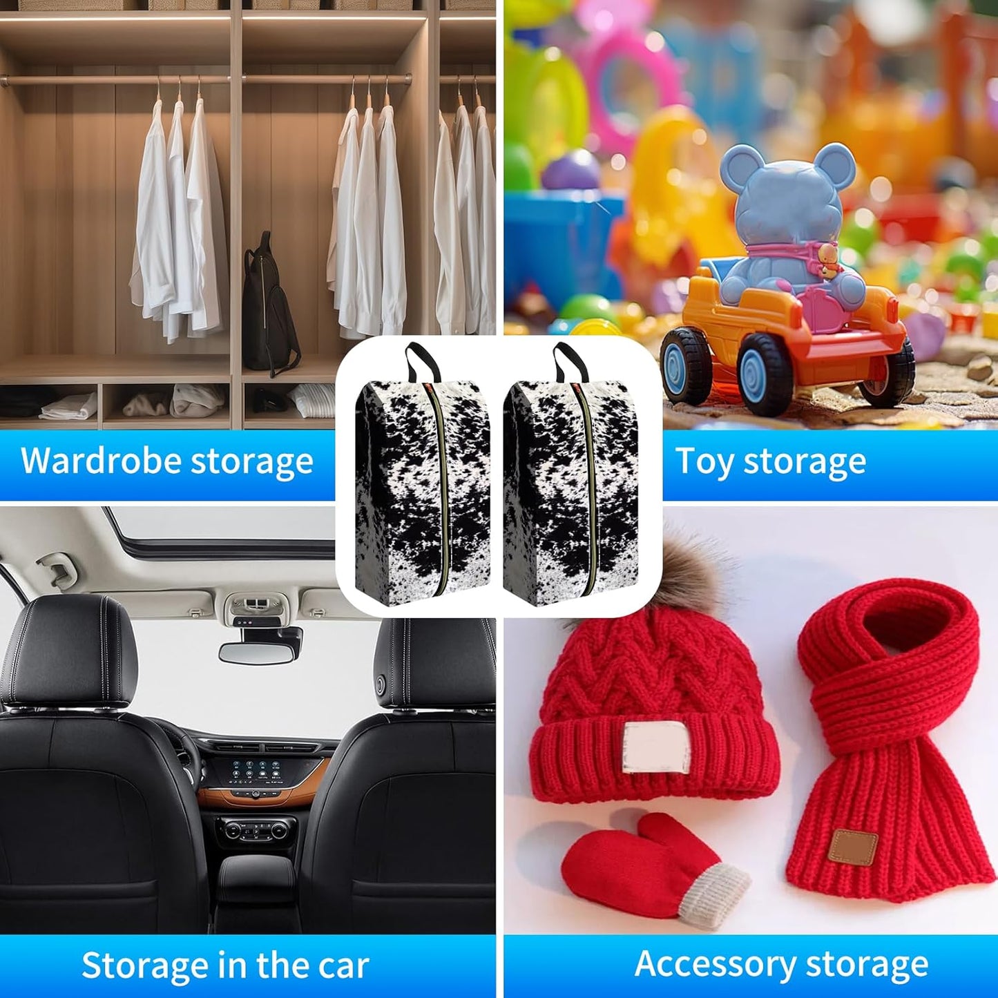 2pcs Shoe Organizer for Travel, Packing Shoe Travel Bags, Cute Shoe Bag with Zipper & Handle, Portable Travel Essentials for Women and Men Black White Cowhide