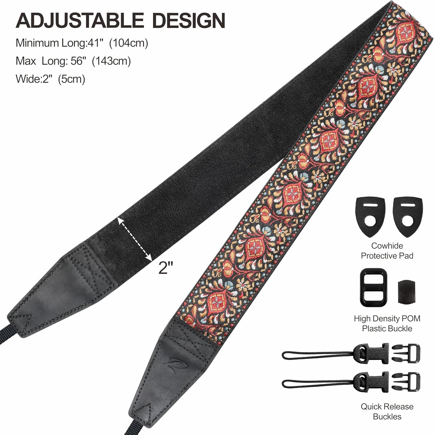 Padwa Lifestyle Red Flower Camera Strap - 2" Full Grain Leather Ends Camera Straps for Photographers, Vintage Embroidered Cotton Weave Soft Suede Fabric Padded Strap Quick Release fits All Cameras