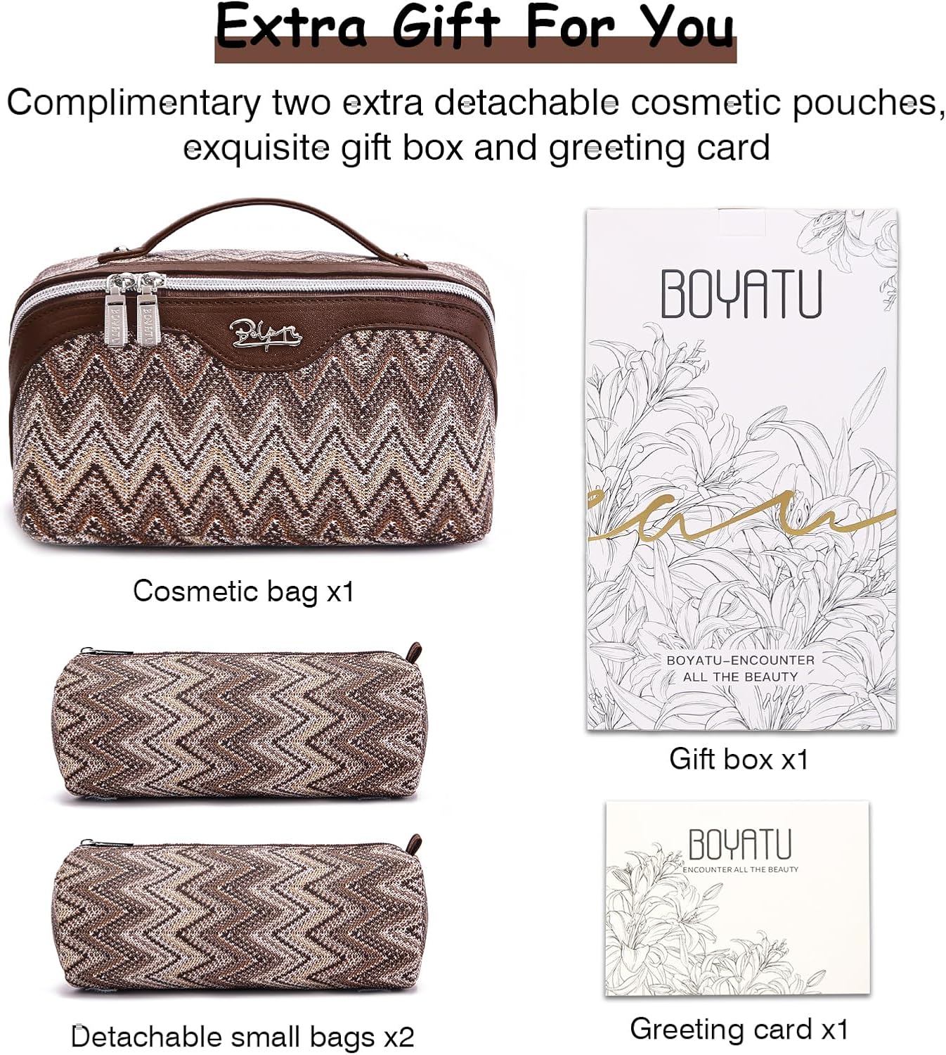 BOYATU Travel Makeup Bag for Women: Western Boho Make up Bag Set of 3 - Large Capacity Vegan Leather Cosmetic Bag - Waterproof Toiletry Bag with Compartments & Handle & Divider(J-2-Brown)