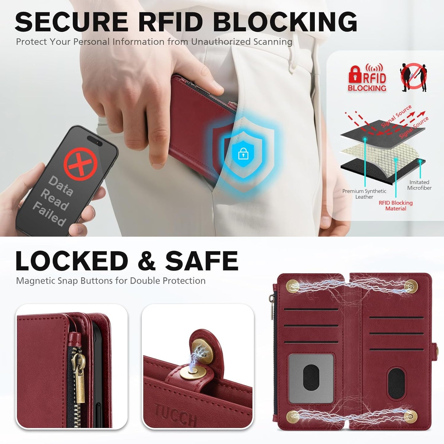 TUCCH Detachable Crossbody Case Wallet for iPhone 17 (6.3"), Wireless Charging | RFID Blocking 9 Card Holders | Lanyard | Wrist Strap | Stand | Zipper Pocket | PU Leather | Magnetic Cover | Dark Red