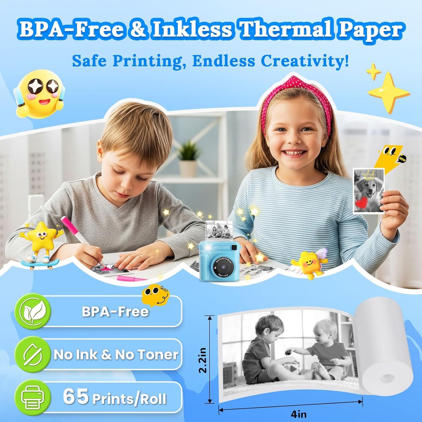 Instant Print Camera for Kids, Kids Cameras Ages 3-12, Digital Toy for Girls & Boys, Christmas and Birthday Gift, Portable HD Video Recorder with 32GB SD Card (Blue)