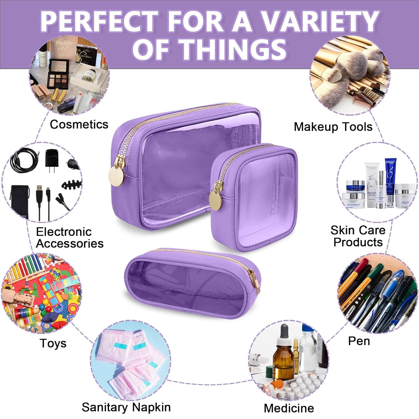 Clear Small Makeup Bag with Zipper, Nylon&PVC Cosmetic Travel Bag Preppy TSA Approved Toiletry Bag for Women Girls, Transparent Waterproof Makeup Pouches Cute Travel Bag for Purse(Small-Purple)