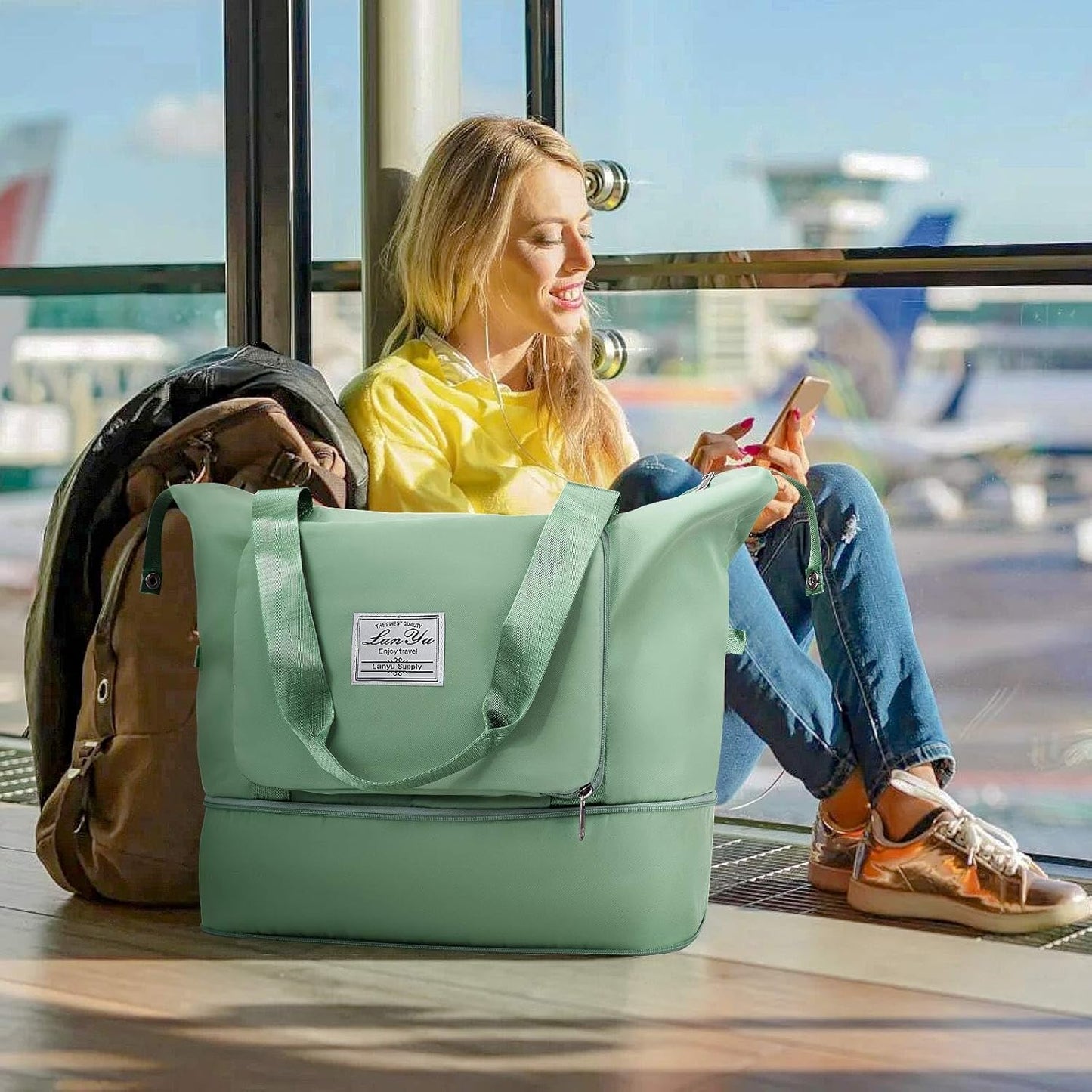 Ranslen Large Capacity Folding Travel Bag,Expansion Travel Duffel Bag with Dry and Wet Separation Portable Travel Duffel Bag