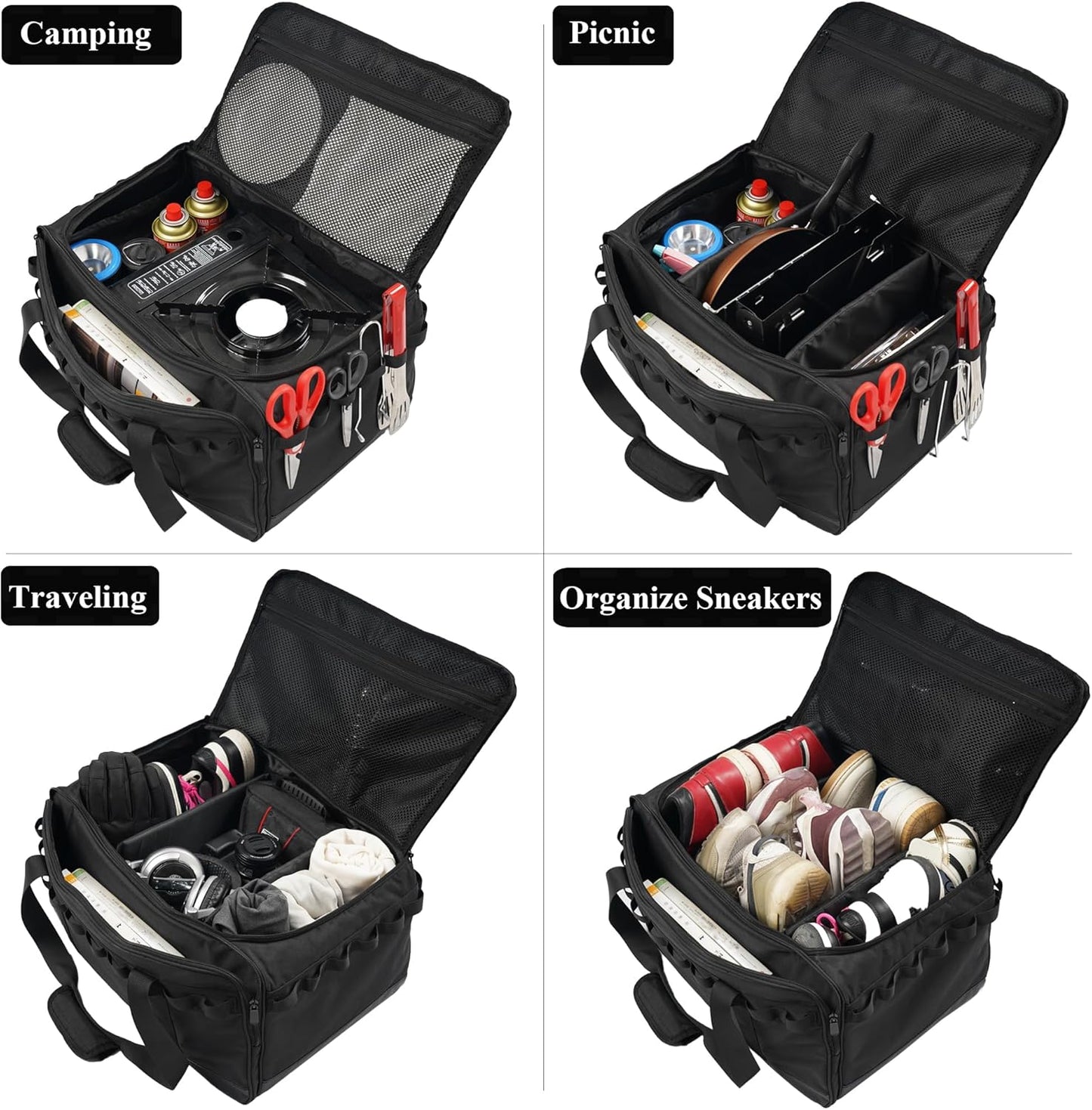 35L Camping Bag,Tactical Duffle Bag with Waterproof Bottom,Shoe Bag for Travel/Outdoor with 3 Adjustable Dividers,Picnic Camping Organizer,Multi-functional Duffel Bag for Camping/Sports/GYM