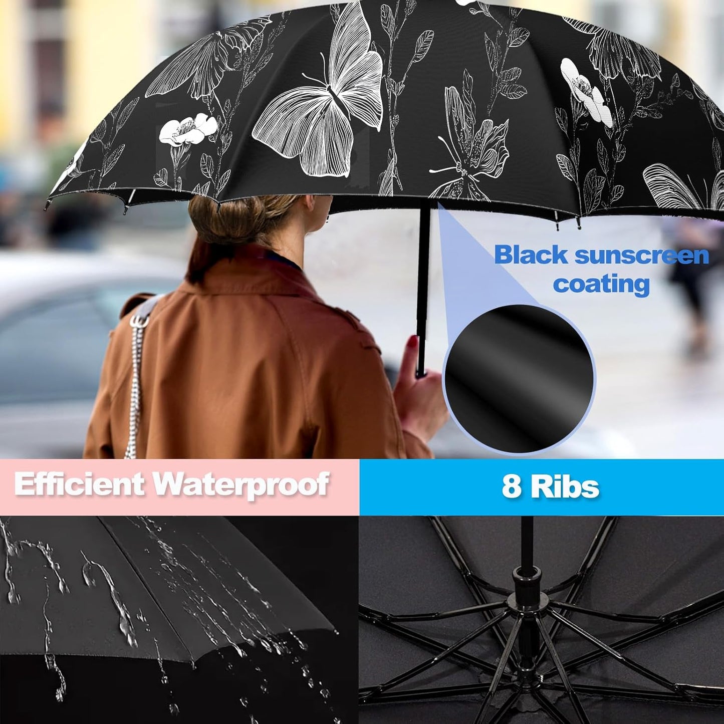 Small Travel Folding Umbrella for Girl, Portable, UV, SunShade, Compact, Automatic, Rain & Wind