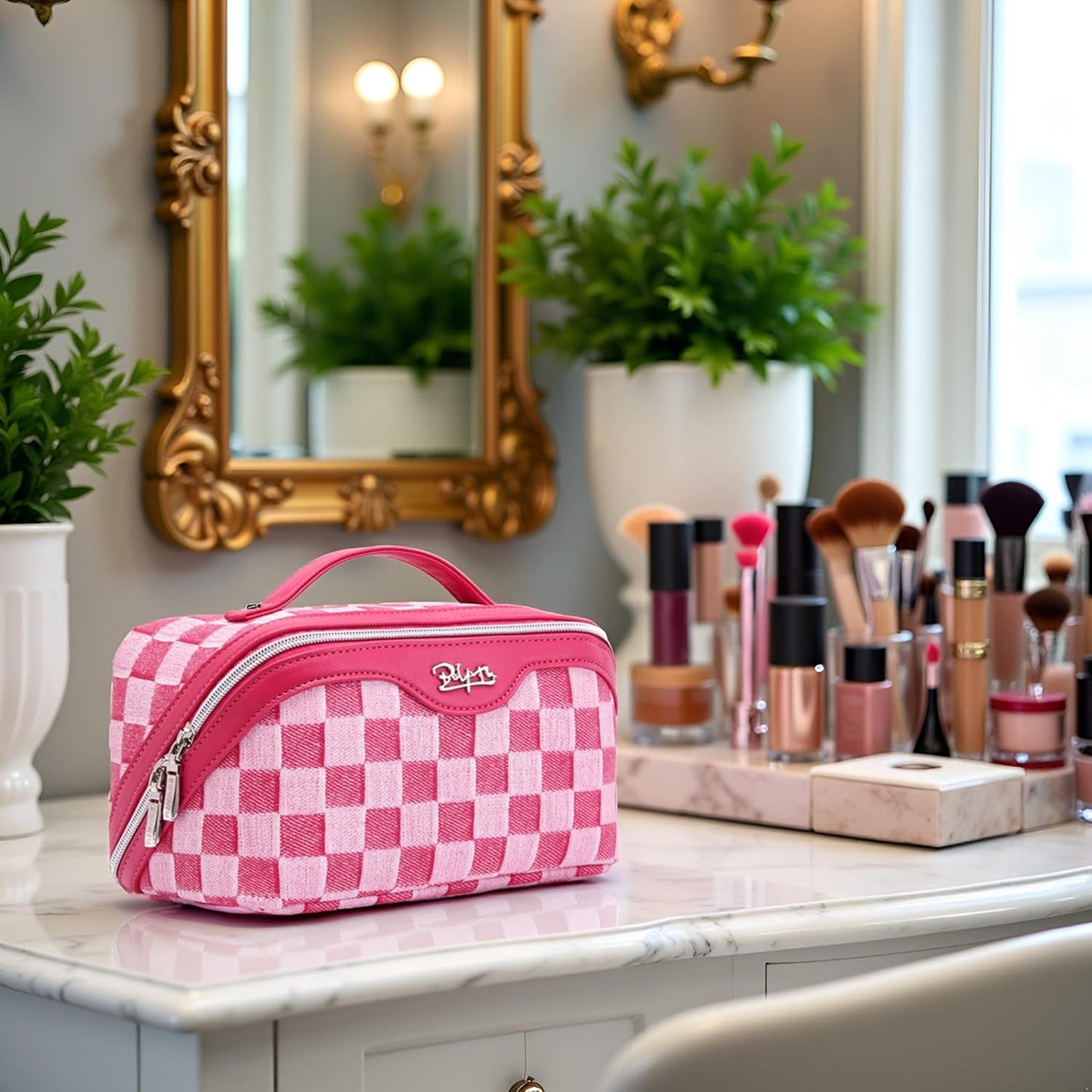 BOYATU Travel Makeup Bag for Women: Large Cosmetic Bag Set of 3 - PU Leather Make up Bag with Compartments - Compact Waterproof Toiletry Bag with Divider & Handle (D-4-Red)