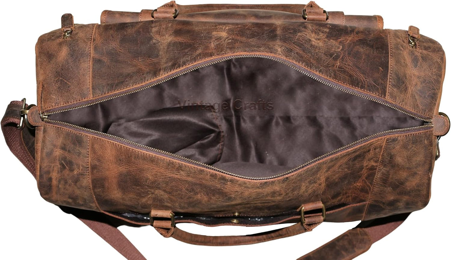 22 Inch Genuine Leather Full Grain Duffel Bag | Overnight Travel Weekend Sports Gym Traveling | Carryon Durable Cabin With Shoe Compartment For Men and Women
