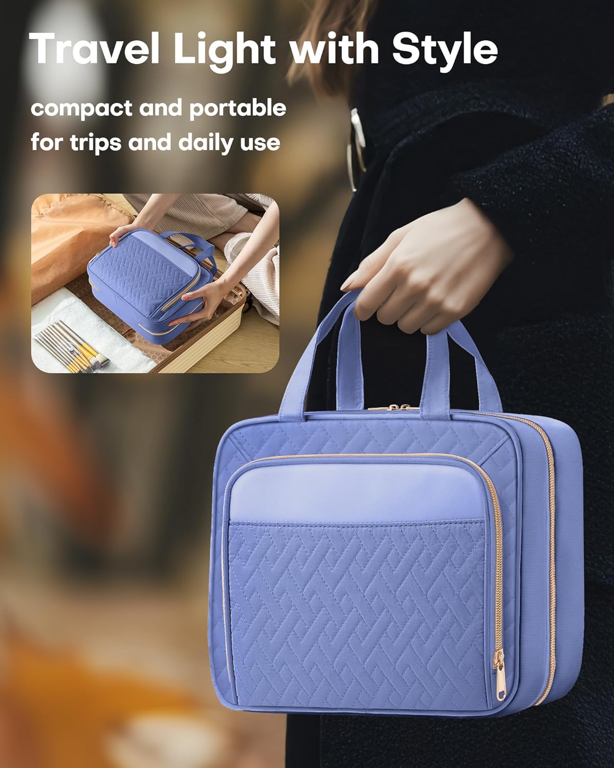 HOTOR Travel Toiletry Bag for Women & Men, Waterproof Makeup Bag with Hanging Hook and Multiple Pockets, Cosmetic Bags for Women, Travel Essentials, 12.6'' x 4.3'' x 9.9'', Aegean-Blue