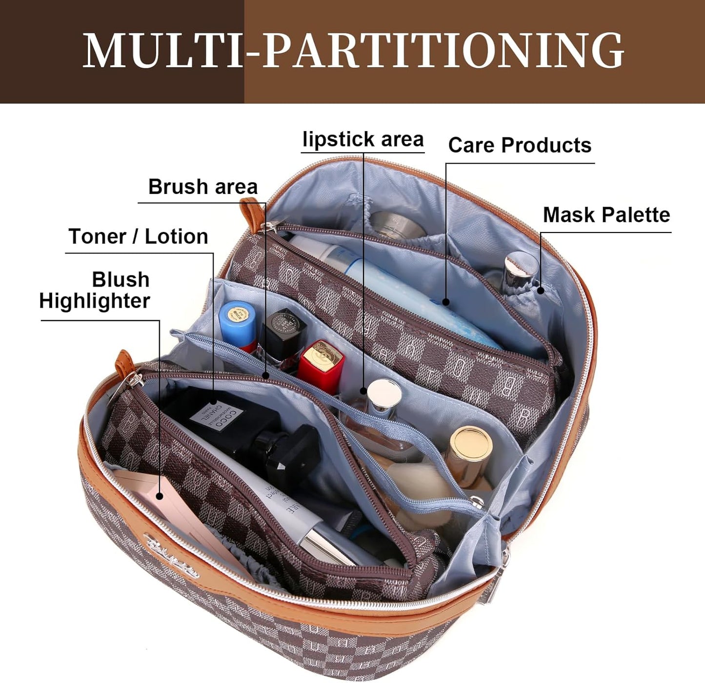 BOYATU Travel Makeup Bag Cosmetic Bags for Women: 3 Pcs Set Portable Make up Bag with Handle - Vegan Leather Toiletry Bags with Compartments - Makeup Organizer for Travel Essentials(C-2-Brown)