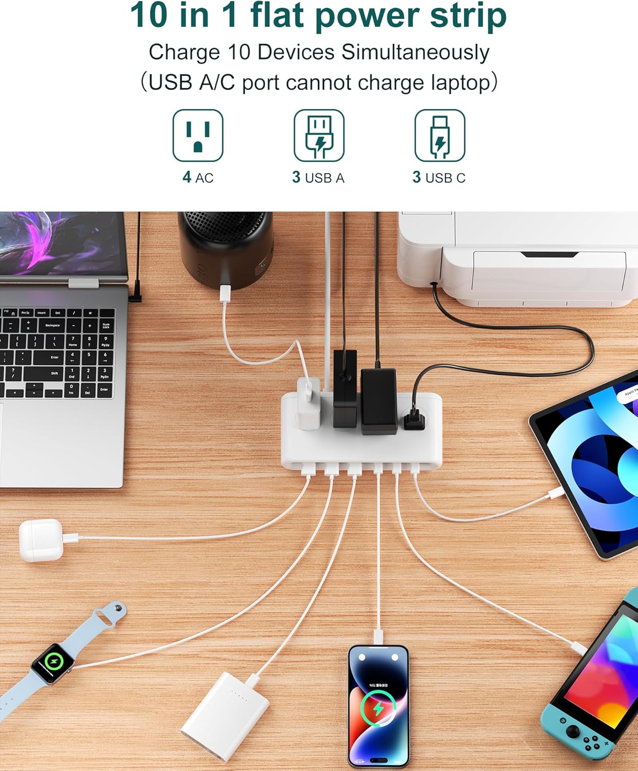 10 in 1 Flat Plug Power Strip with USB C, PD20W Fast Charging Station with 4 Outlets and 6 USB Port(3 Type C+3 USB A, 5ft Extension Cord, Non Surge Protector for Travel (White)