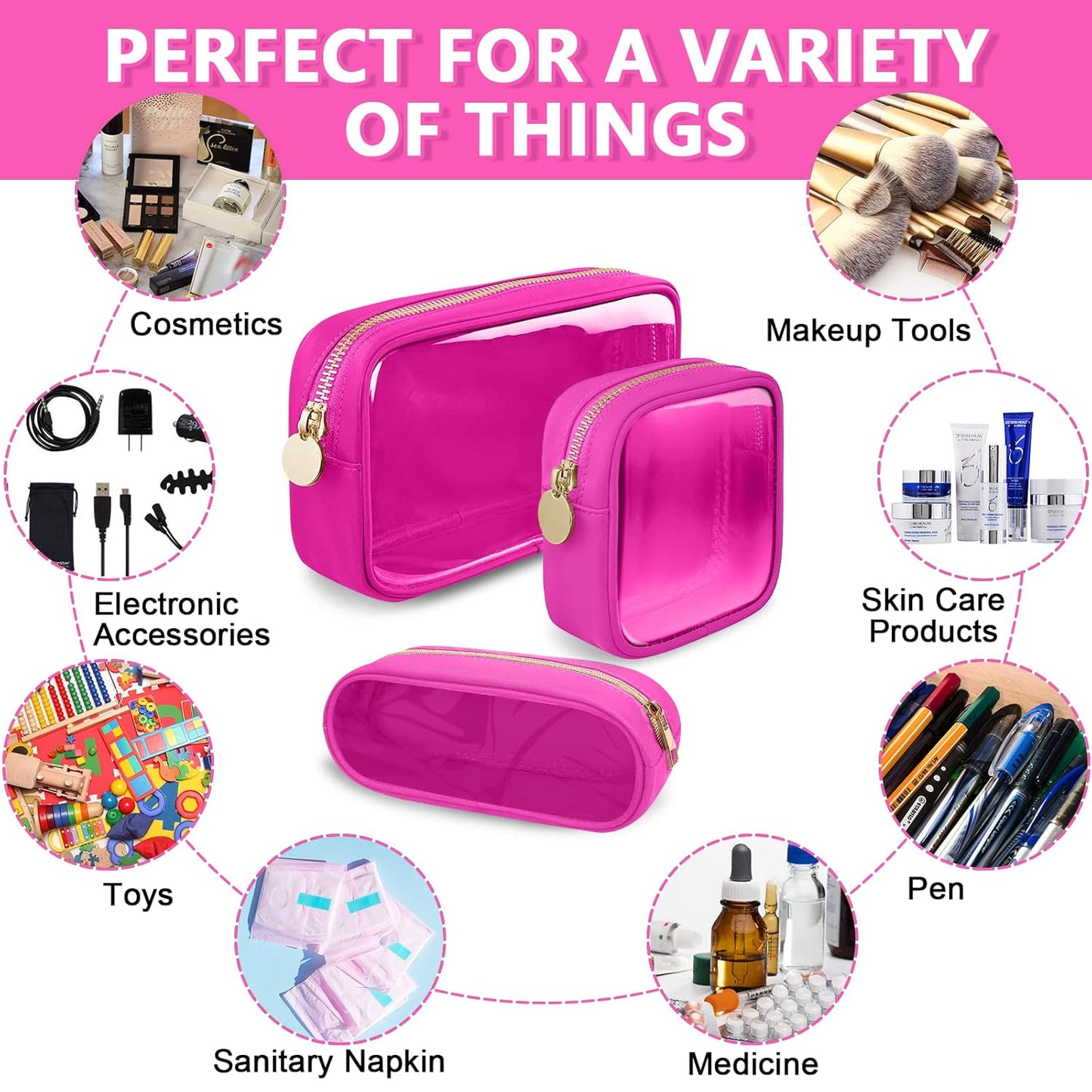 Clear Small Makeup Bag with Zipper, Nylon&PVC Cosmetic Travel Bag Preppy TSA Approved Toiletry Bag for Women Girls, Transparent Waterproof Makeup Pouches Cute Travel Bag for Purse(Small-Hot Pink)