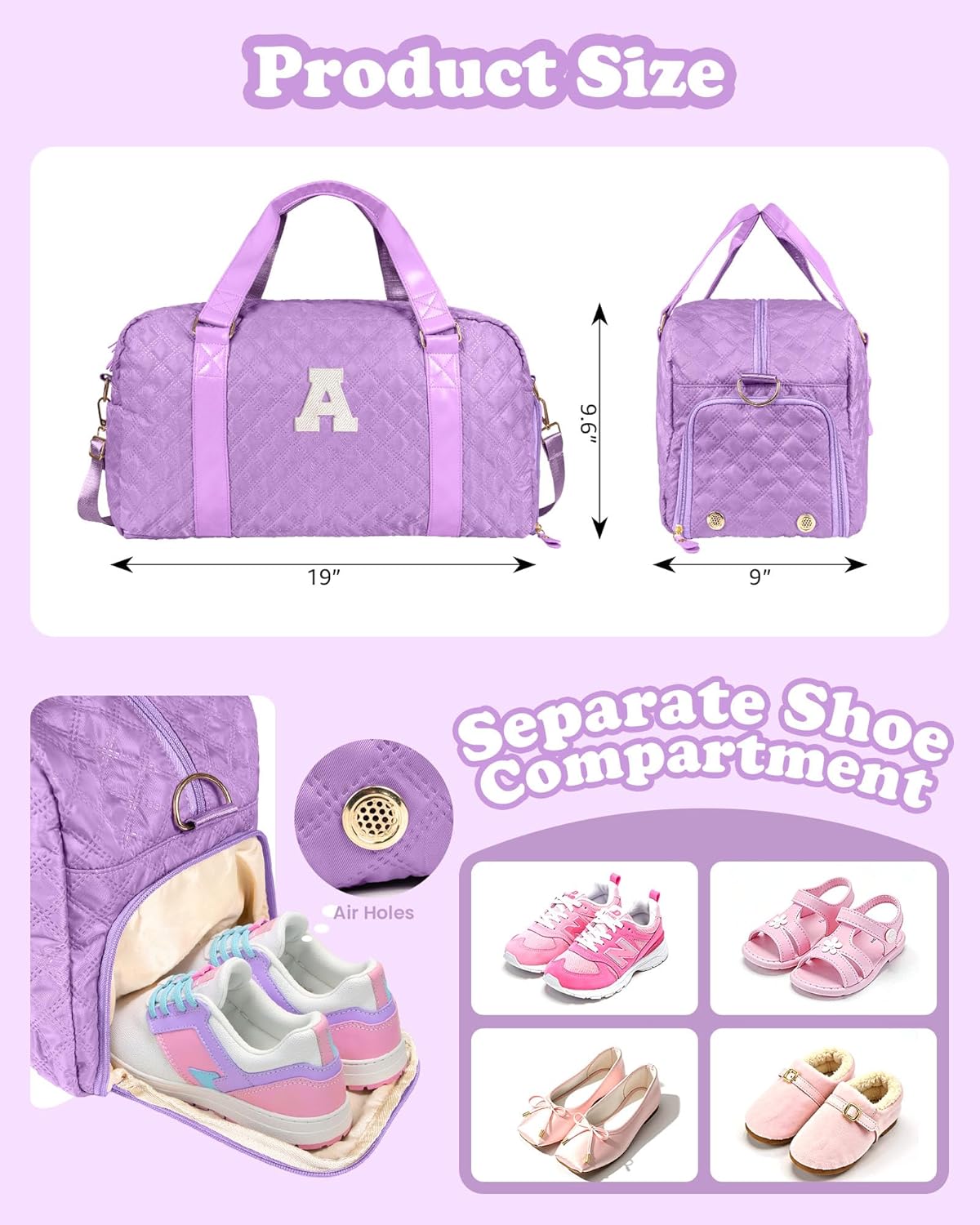 Initial Travel Duffle Bag Women Girls Gift: Personalized Weekender bags, Dance Cheer bag Sports for Girl, Kid Gymnastics Bags, Birthday Gifts for Women Girls Kids Teens Mom Teacher