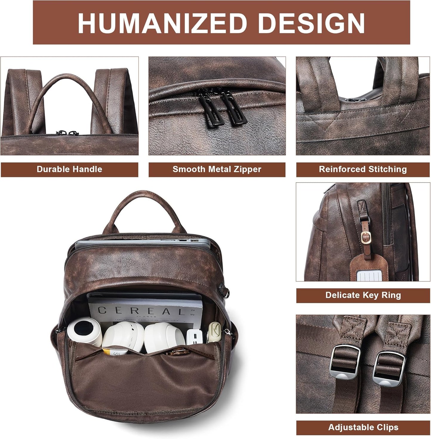 Leather Laptop Backpack for Women, Fits 15.6 Inch Laptop, Leather Backpack with 2 Water Bottle Pockets, Hidden Zipper and Luggage Strap, Ideal for Work, Travel, College, Everyday Use, Coffee