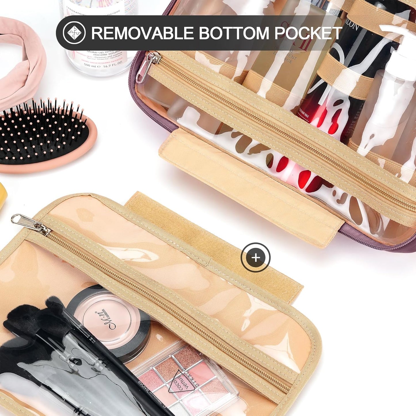 Travel Hanging Toiletry Bag for Women, Extra Large Makeup Bag, Holds Full-Size Shampoo, with Jewelry Organizer Compartment, Waterproof Cosmetic Bag, Toiletries Kit Set with Trolley Belt, Dark Purple