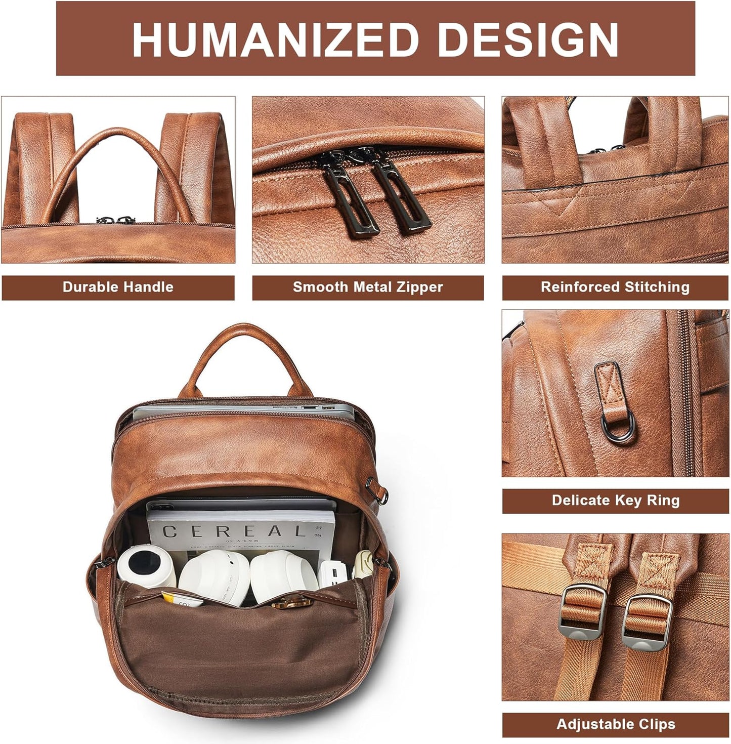 Leather Laptop Backpack for Women, Fits 15.6 Inch Laptop, Leather Backpack with 2 Water Bottle Pockets, Hidden Zipper and Luggage Strap, Ideal for Work, Travel, College, Everyday Use, Brown