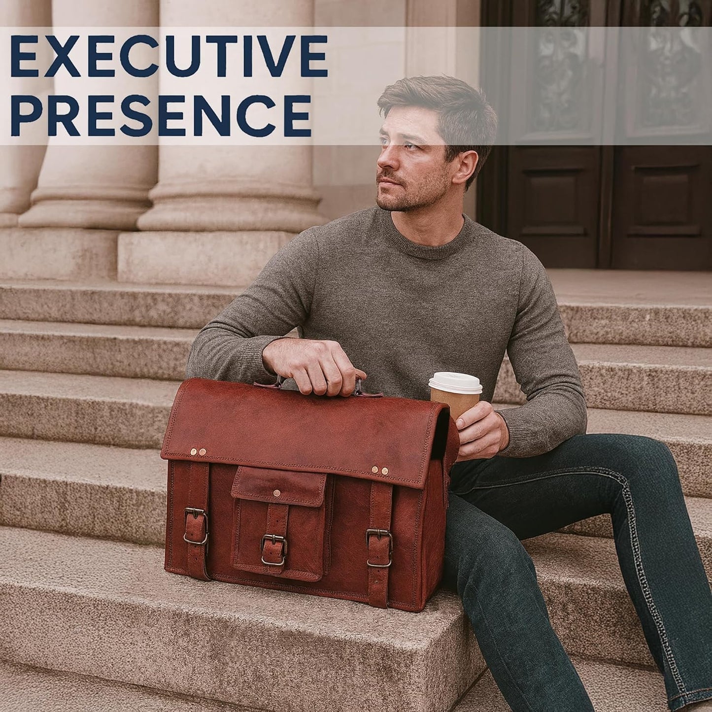 Leather Messenger Bag for Men - 16" Full Grain Leather Laptop Briefcase - Vintage Computer Satchel Travel Crossbody Bag for Office & Work