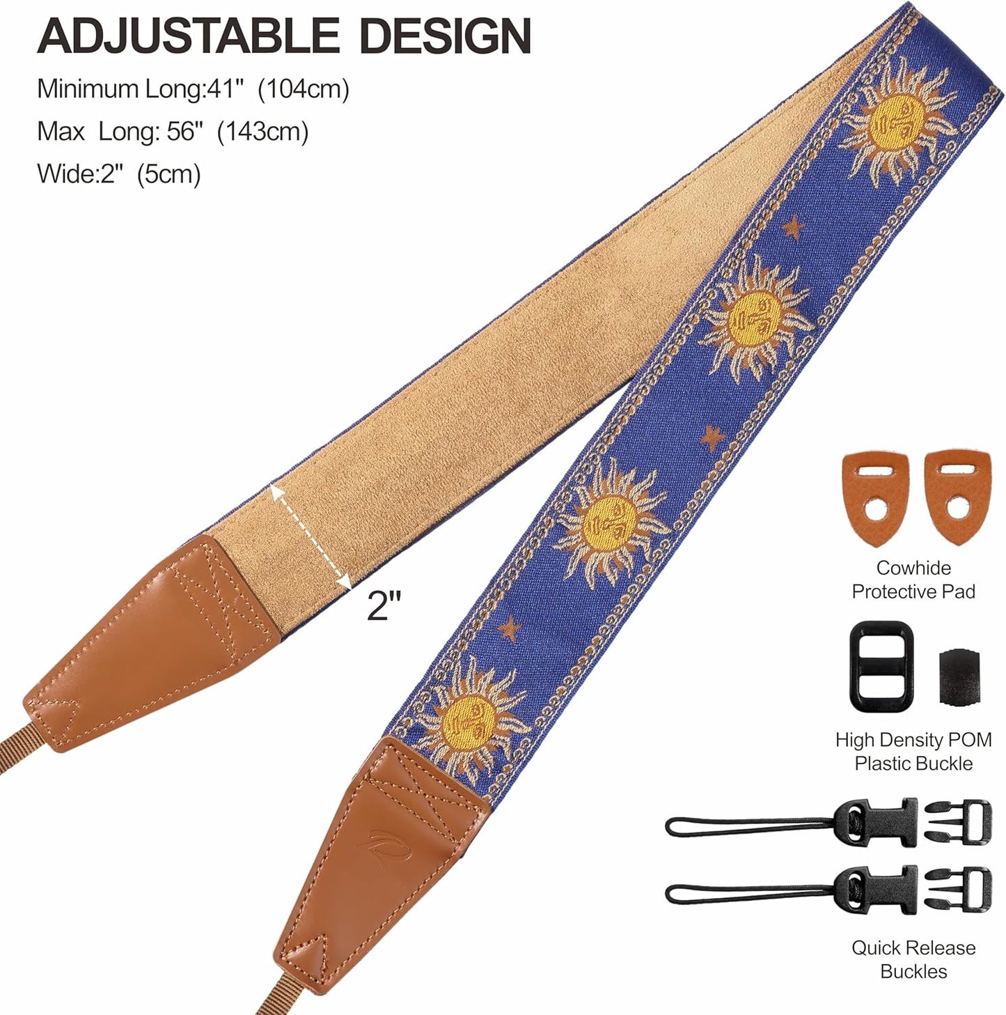 Padwa Lifestyle Sun God Camera Strap - 2" Full Grain Leather Ends, Vintage Sun Face Camera Straps for Photographers, Soft Chamois Velvet Padded Strap Quick Release fits All Cameras