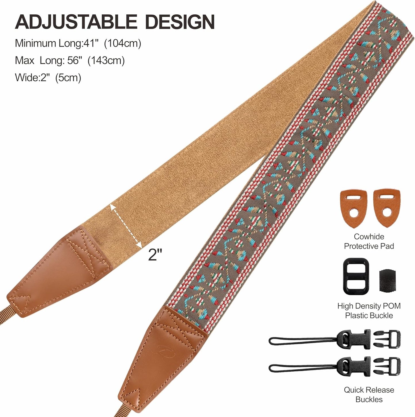 Padwa Lifestyle Matte Gold Camera Strap - 2" Full Grain Leather Ends Camera Straps for Photographers, Vintage Embroidered Cotton Weave Soft Suede Fabric Padded Strap Quick Release fits All Cameras