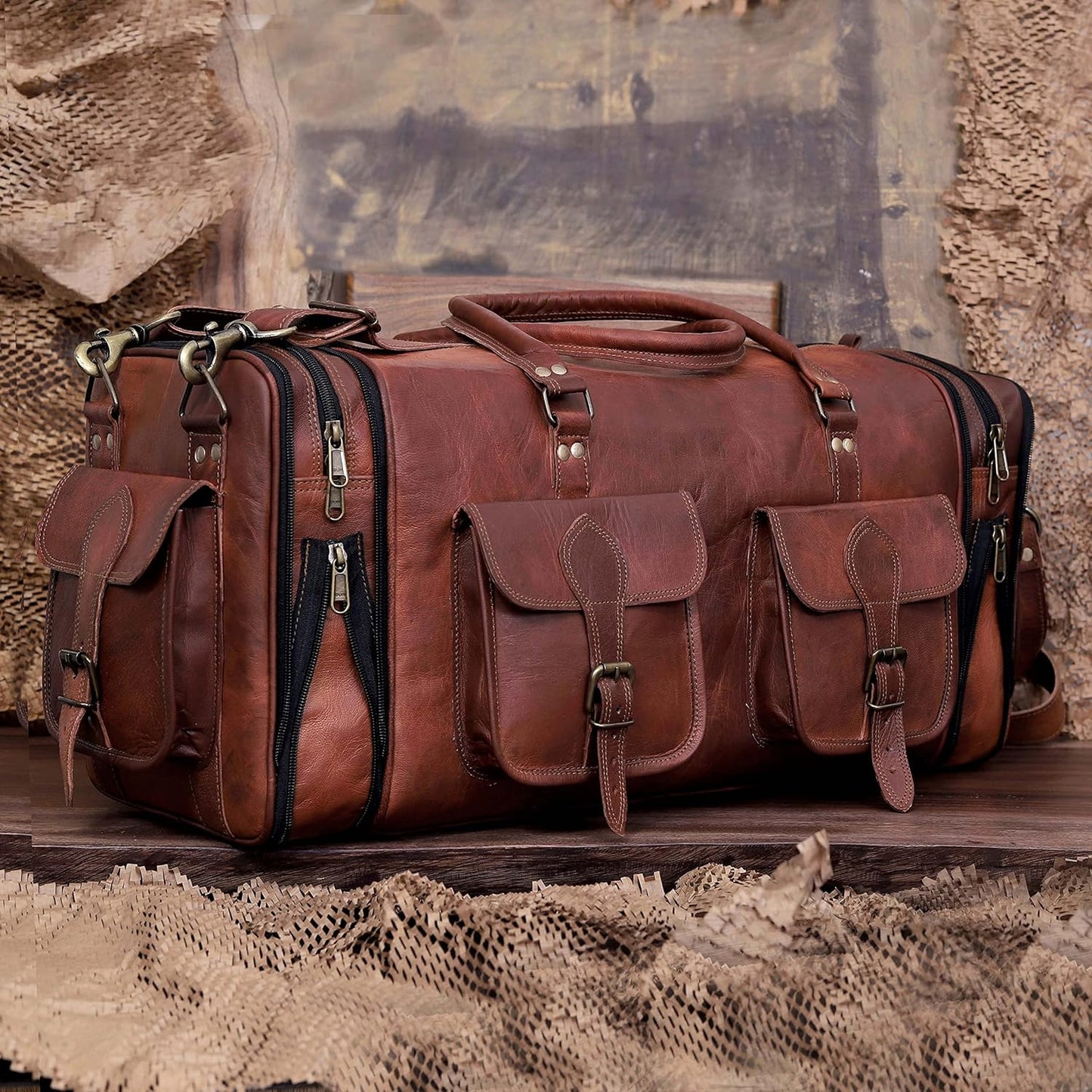 Weekender Leather Duffel Bag Overnight Women Men Girls Boys Vintage Travel Duffle with Shoulder Strap Carry On Sports Gym 20 Inch Handmade Leather Luggage Carryall Cool Gifts for Him by Cureo