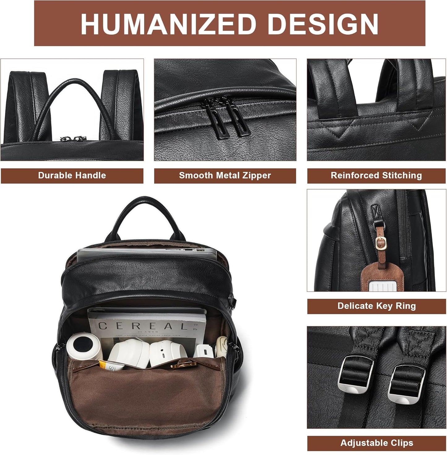 Leather Laptop Backpack for Women, Fits 15.6 Inch Laptop, Leather Backpack with 2 Water Bottle Pockets, Hidden Zipper and Luggage Strap, Ideal for Work, Travel, College, Everyday Use, Black