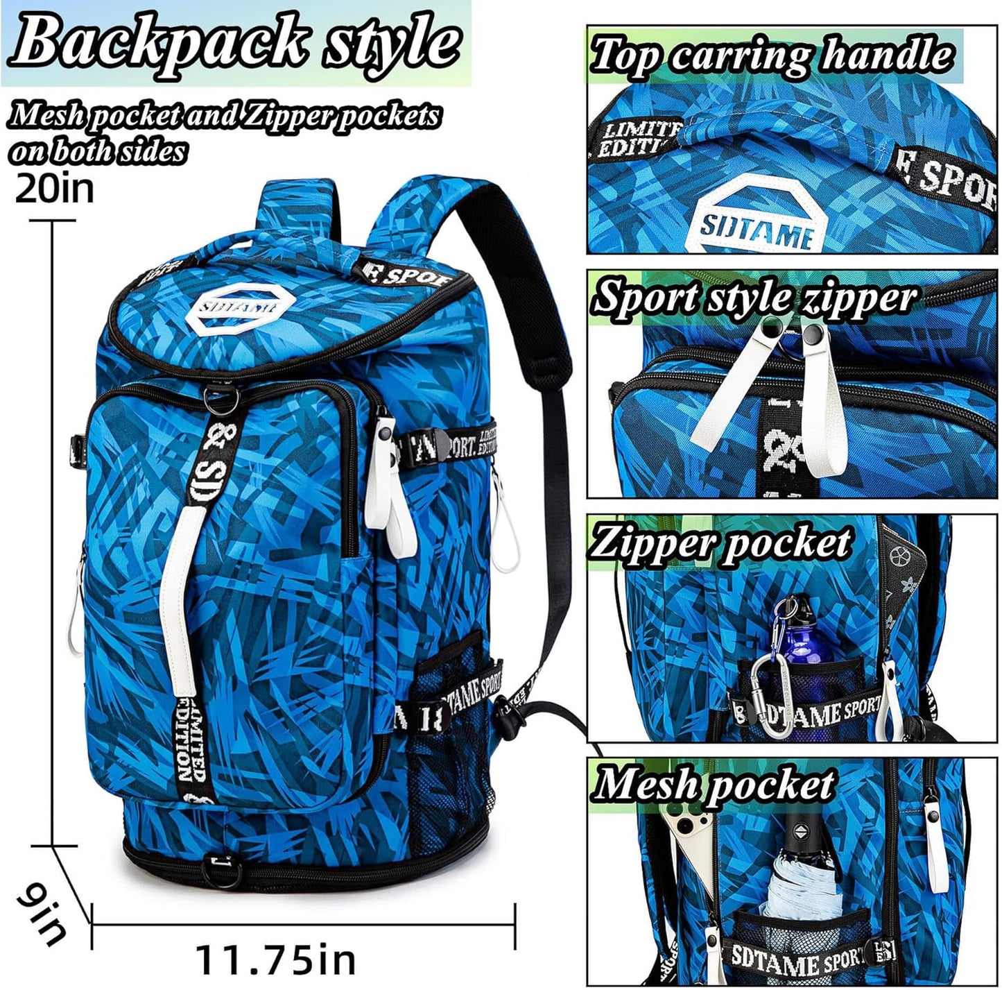 Gym Duffle Bag Backpack with Shoe Compartment,4 ways Travel Backpack for Women and Men,Multi-Functional Weekender bag with Waterproof Layer&Laptop Compartment for Fitness, Travel,Camping