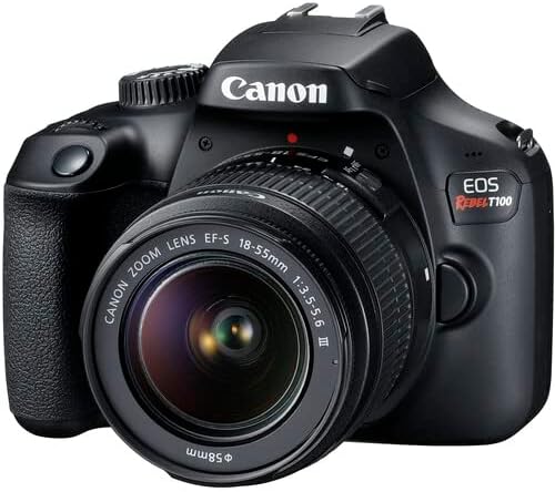 Canon EOS Rebel T100 DSLR Camera with 18-55mm Lens| 18MP APS-C Sensor, Built-In Wi-Fi & Full HD Video| Perfect for Beginners, Travel & Everyday Shooting (2628C029) + Adapter EF-EOS R + Bag + 64GB Card