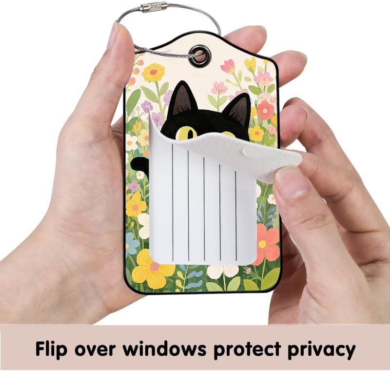 2 Pack Black Cat Leather Luggage Tags for Suitcases, Travel Bag Tags with Privacy Cover ID Label with Stainless Steel Loop for Women Men Girls Backpack Gift (Beige Black)