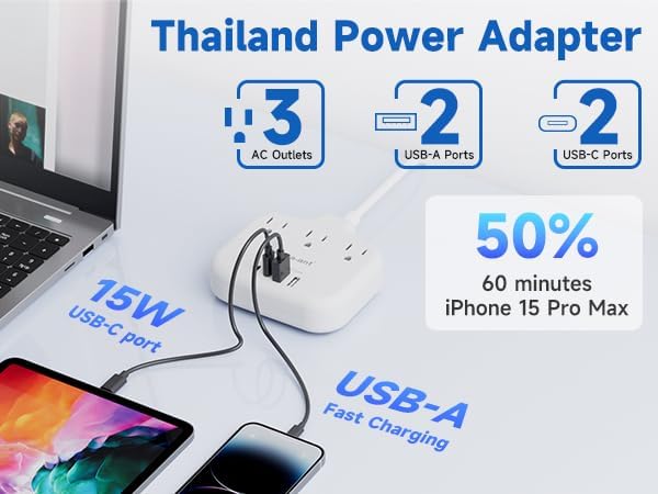 Thailand Power Adapter with 4FT Extension Cord, meta-ant Thailand Plug Adapter with 3 American Outlets 4 USB Ports(2 USB-C), Type O Adapter for US to Thailand