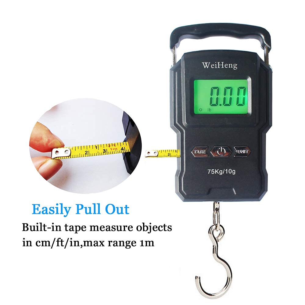 Rechargeable Lugagge Scale Portable Electronic Hook Scale Digital Hanging Bag Luggage Weight Scale Fishing Scale with Measuring Tape 165Lb Black