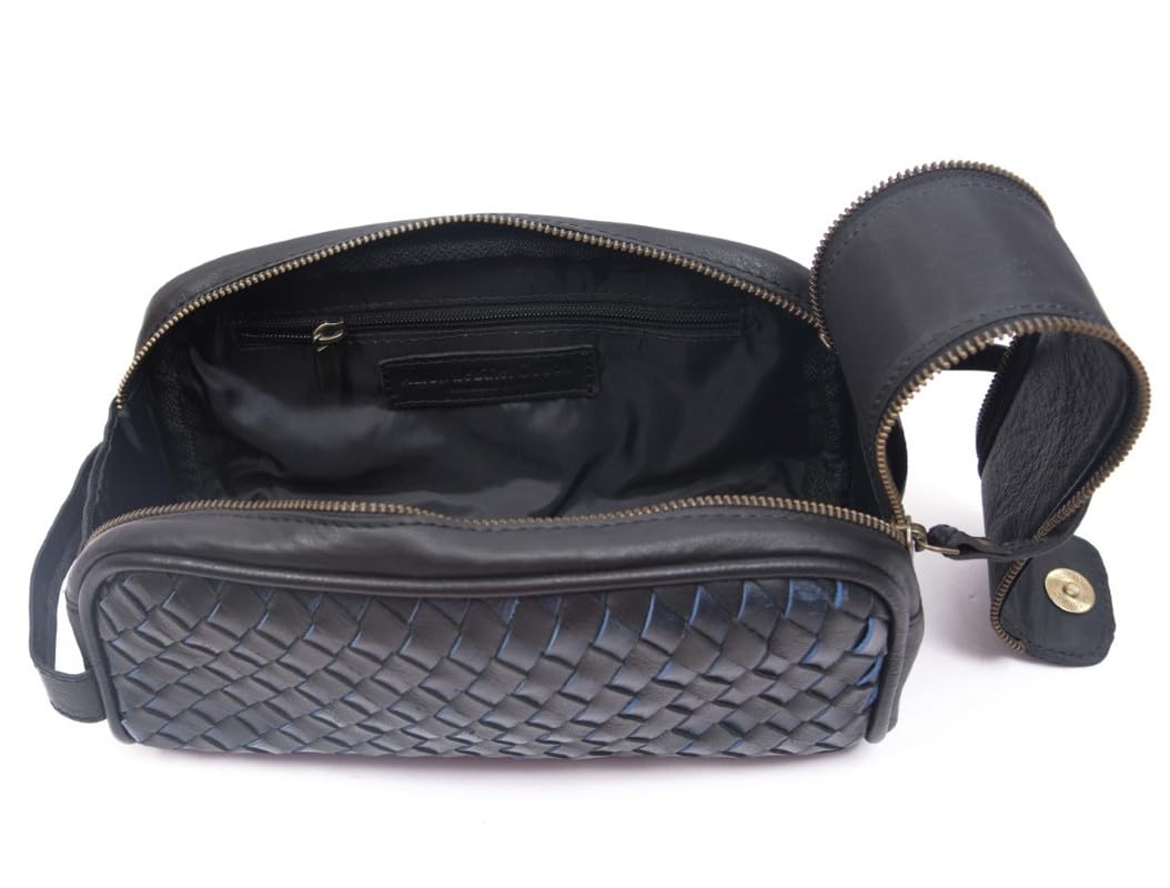 10" Premium Leather Toiletry Travel Pouch With Waterproof Lining | King-Size Handcrafted Vintage Dopp - Kit, Gift for Father's Day By Aaron Leather Goods (Black)