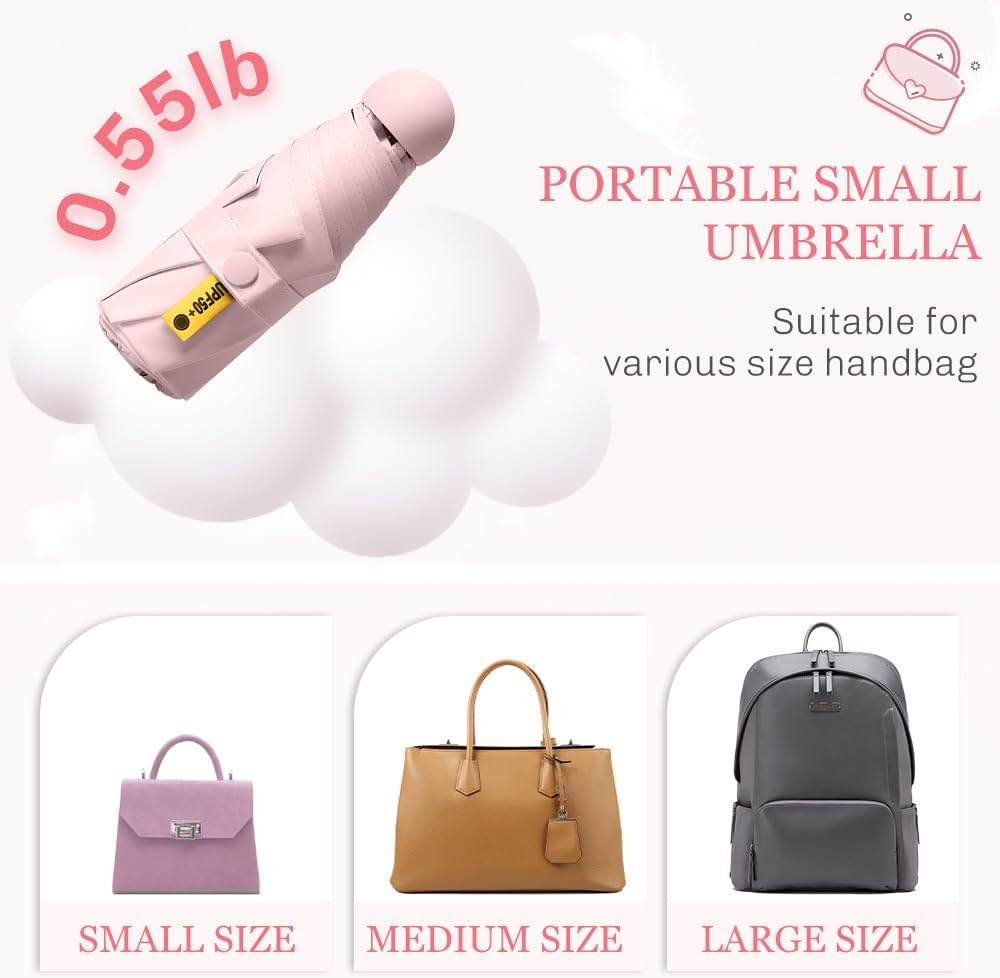 TOPSAIL Mini Umbrella Compact for Travel, UV Sun Protection(UPF50+), Waterproof for Light Rain, Suitable for Women & Kids With a Case, Manual Folding Small Pocket Size Ufor Backpack/Purse