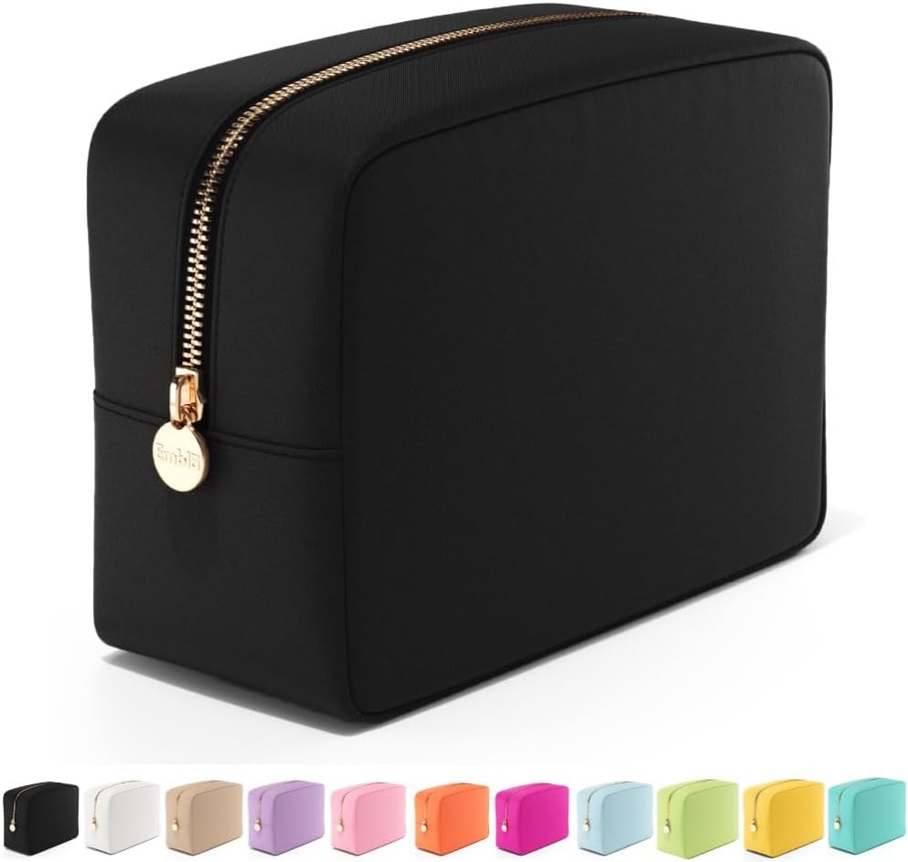 Embla Makeup Bag Travel Cosmetics Pouch and Toiletry Bag, Nylon Zipper Pouch Purse, Cute Make Up Organizer Storage Tote for Women Girls, Waterproof Travel Skincare Case, Large Makeup Bags, Black
