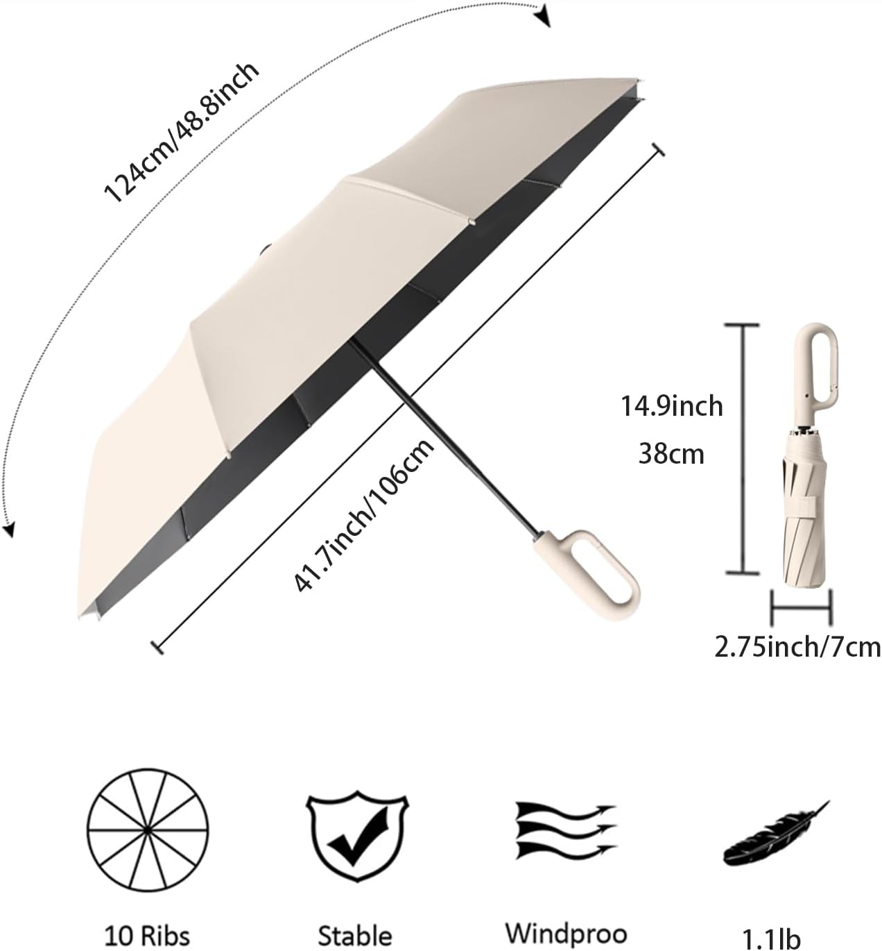 Travel Folding Golf Umbrella 10 Ribs Automatic Open/Close,Lightweight Compact Portable Backpack Car Parasol Outdoor,Sun/Rain,Anti 99 UV Protection UPF 50,Men Women Carabiner Handle Design