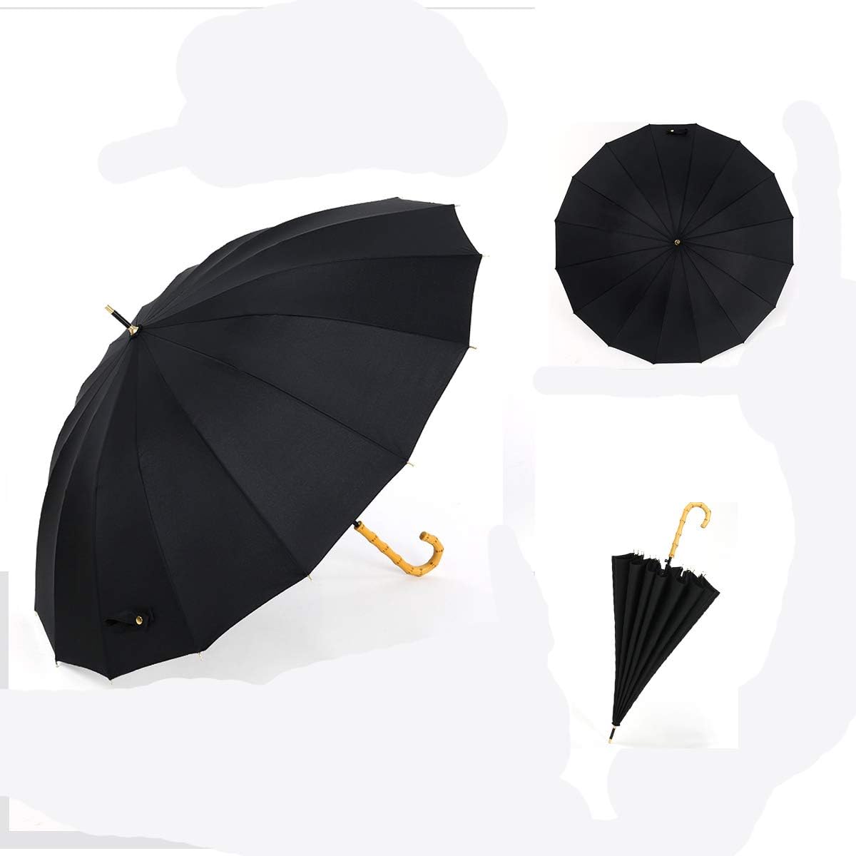 ThreeH Bamboo Black Umbrella for Rain Auto Open Solid Color Fashionable and Simple 190T 16 Ribs,KS08