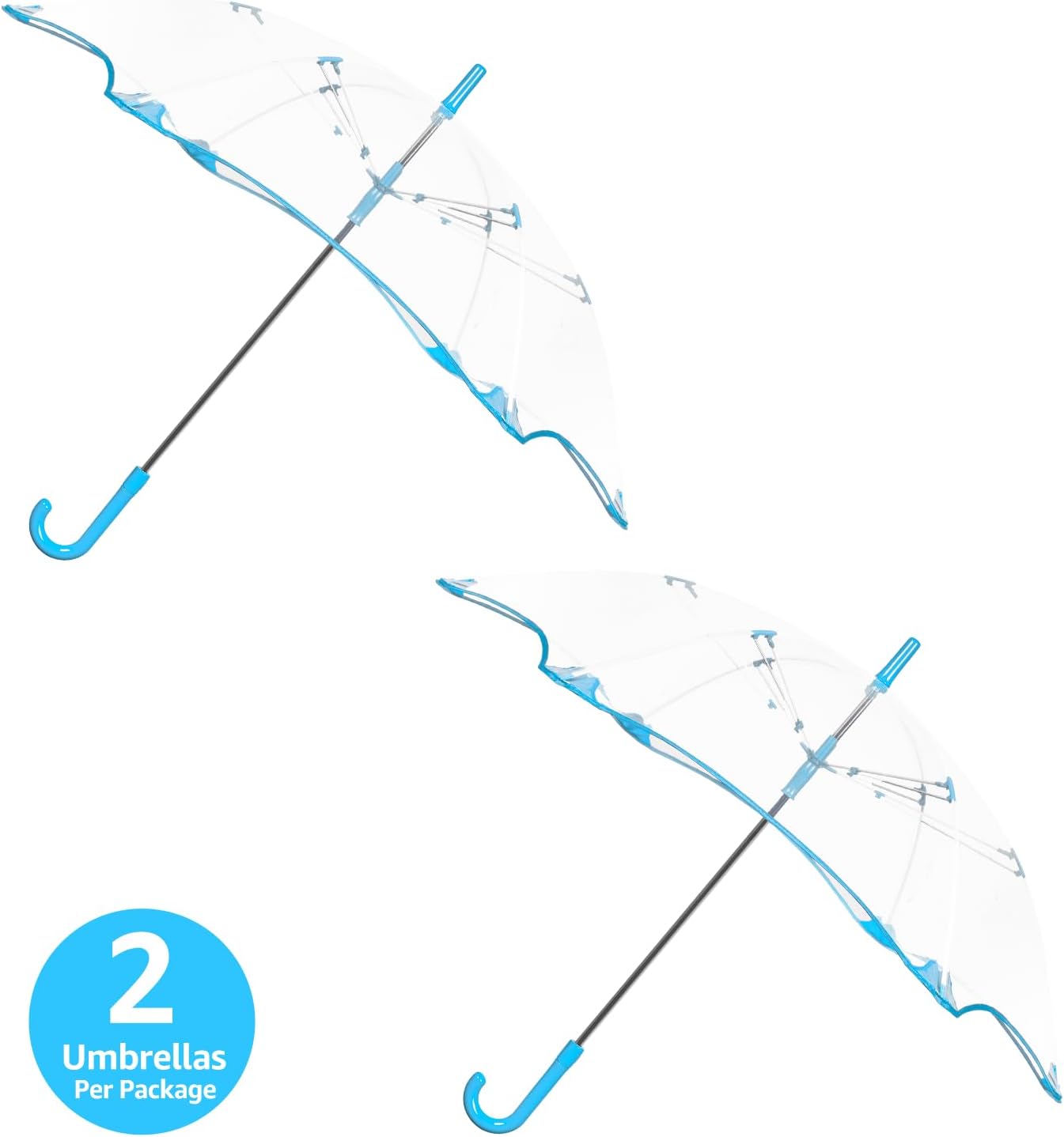2Pcs Kids Clear Umbrella for Rain, Round Bubble Umbrella,Wide Coverage Arc 43 Inch,Auto Close,Windproof Strong Double Fiberglass Ribs With Spring Supporting for Each 6 Panels, Steel Shaft, Spoke Big Protectors for Safety