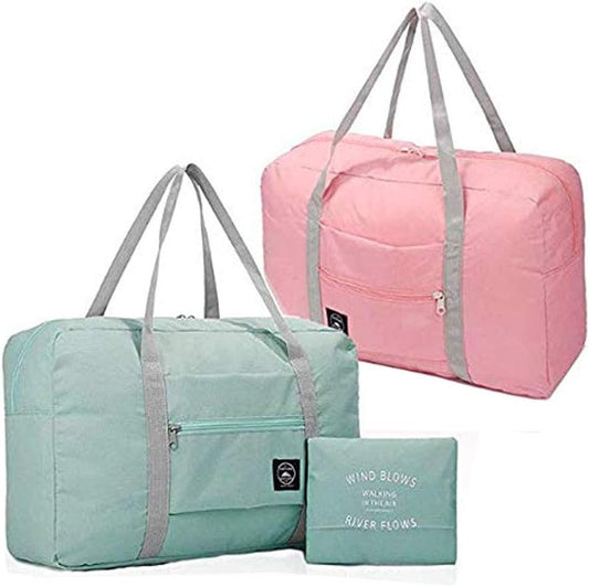 2 Pack Foldable Travel Bag Waterproof Travel Duffel Bag,Women Ladies Man Canvas Weekender Bag Overnight Carry-on Tote Duffel in Trolley Handle (Pink&Blue)…