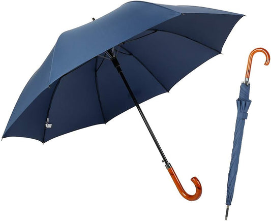 TIME LOVER Stick Umbrella Oversize Windproof Umbrella Wooden Hook Handle J Stick Automatic Open Fast Drying Umbrella for Men Women(Navy)