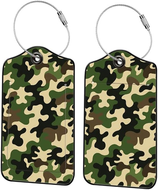 2 Pack Camouflage Leather Luggage Tags for Suitcases, Travel Bag Tags with Privacy Cover ID Label with Stainless Steel Loop for Women Men Girls Backpack Gift (Green)