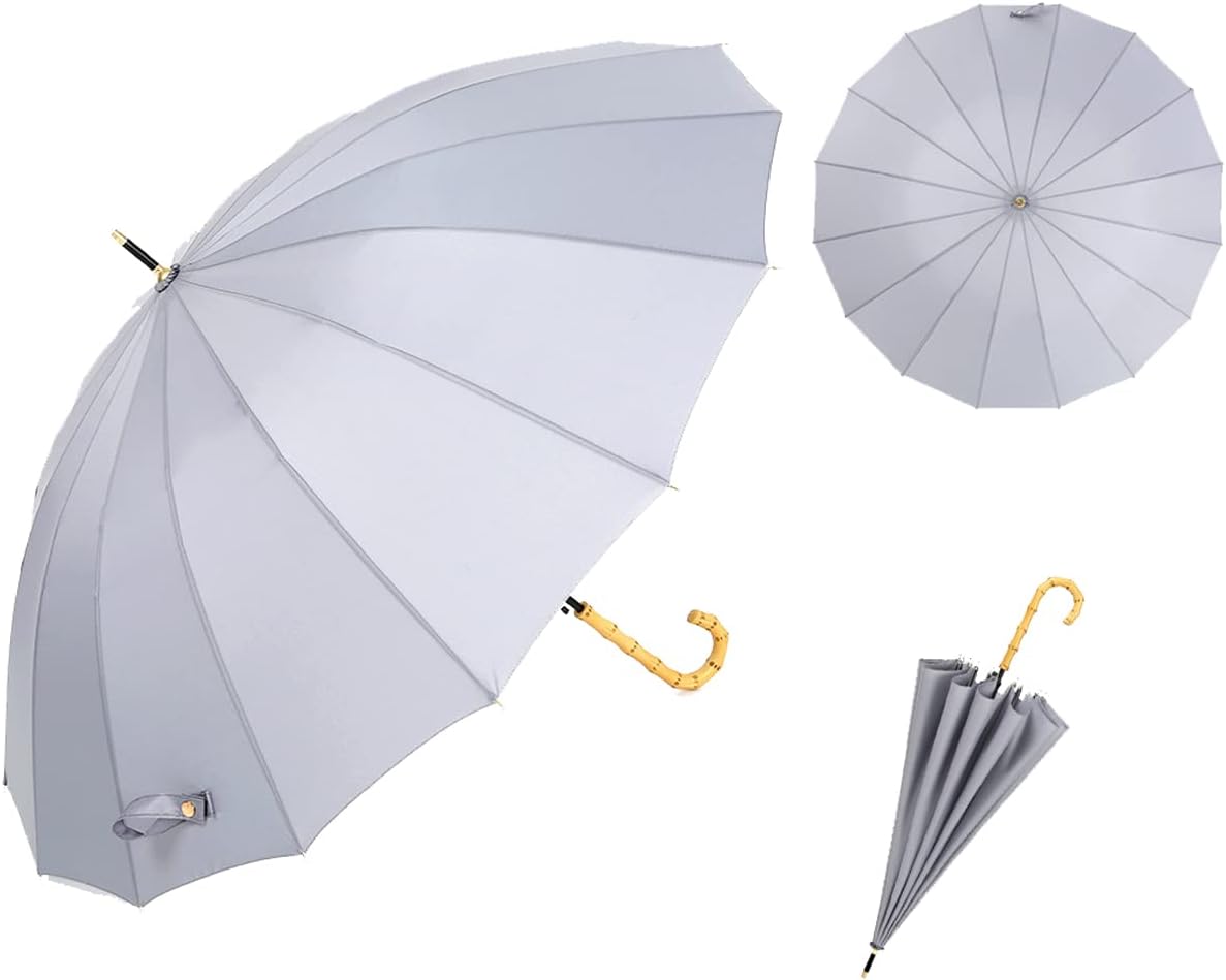 ThreeH Bamboo Stick Umbrella Auto Open Solid Color Fashionable and Simple 190T 16 Ribs, KS08 Grey