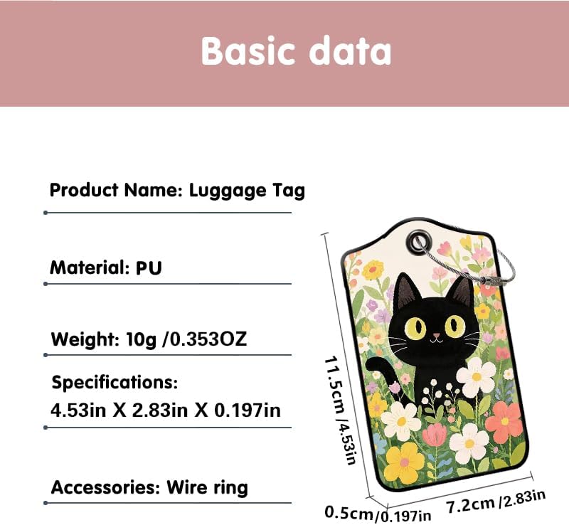 2 Pack Black Cat Leather Luggage Tags for Suitcases, Travel Bag Tags with Privacy Cover ID Label with Stainless Steel Loop for Women Men Girls Backpack Gift (Beige Black)